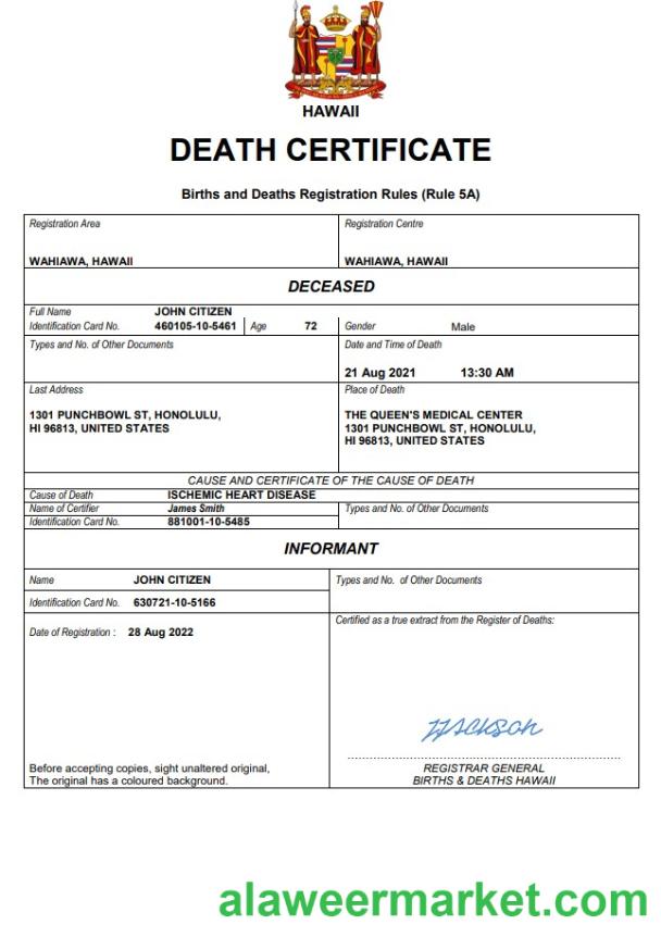 Hawaii death certificate Word and PDF template